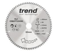 Trend Lame de scie circulaire pour stratifié et HPL, diamètre 250 mm, alésage 30 mm, 80 dents, trait de scie 2,8 mm, crochet +4°, TCT, finition super fine, CSB/PT25080