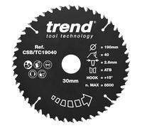 Trend Lame de Scie Circulaire PTFE Wood, Diamètre 190 mm, Alésage 30 mm, 40 Dents, TCT, Trait de Coupe 2,6 mm, Angle d'Attaque +15°, CSB/TC19040