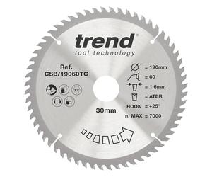 Trend Lame de Scie Circulaire sans Fil ATBR pour Bois, 190 mm de Diamètre, 30 mm d'Alésage, 60 Dents, TCT, 1,6 mm de Trait de Scie, +25° Crochet, CSB/19060TC