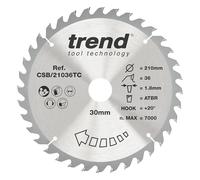 Trend Lame de Scie Circulaire sans Fil ATBR pour Bois, 210 mm de Diamètre, 30 mm d'Alésage, 36 Dents, TCT, 1,8 mm de Trait de Scie, +20° Crochet, CSB/21036TC