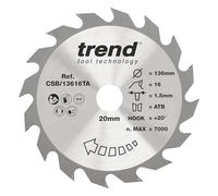 Trend CSB/13616TA Lame de scie circulaire pour bois sans fil Diamètre 136 mm alésage 20 mm 16 dents Trait de scie circulaire 1,5 mm Crochet +20°