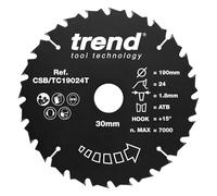 Trend Lame de Scie Circulaire Sans Fil pour Bois, Diamètre 190 mm, Alésage 30 mm, 24 Dents, TCT, Trait de Coupe 1,8 mm, Angle d'Attaque +15°, CSB/TC19024T