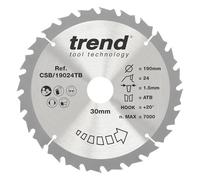 Trend Lame de Scie Circulaire Sans Fil pour Bois, Diamètre 190 mm, Alésage 30 mm, 24 Dents, Trait de Coupe 1,5 mm, Angle d'Attaque +20°, TCT, Finition Moyenne, CSB/19024TB