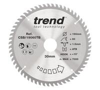 Trend Lame de scie circulaire sans fil Wood, diamètre 190 mm, alésage 30 mm, 60 dents, trait de scie 1,5 mm, crochet +10°, TCT, finition extra fine, CSB/19060TB