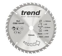 Trend Lame de Scie Circulaire pour Bois, 184 mm de Diamètre, 16 mm d'Alésage, 40 Dents, TCT, 2,6 mm de Trait de Scie, +15° Crochet, CSB/18440