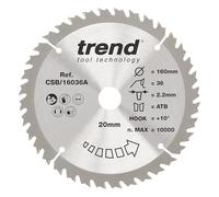 Trend Lame de scie circulaire Wood, diamètre 160 mm, alésage 20 mm, 36 dents, trait de scie 2,2 mm, crochet +10°, TCT, finition fine, CSB/16036A