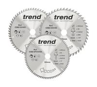 Trend Lames de Scie Circulaire pour Bois, 250 mm de Diamètre, 30 mm d'Alésage, 48, 60 & 84 Dents, TCT, 3 mm de Trait de Scie, +15° Crochet & -6° Crochet, CSB/250/3PK