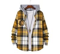 Trend Men's Hooded Plaid Shirt Youth Style Casual Daily Outdoor Travel Wear Inside and Match Outside Long-Sleeved(Yellow,XL)