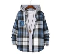 Trend Men's Hooded Plaid Shirt Youth Style Casual Daily Outdoor Travel Wear Inside and Match Outside Long-Sleeved(Blue,XXXL)