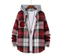 Trend Men's Hooded Plaid Shirt Youth Style Casual Daily Outdoor Travel Wear Inside and Match Outside Long-Sleeved(Red,L)