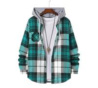 Trend Men's Hooded Plaid Shirt Youth Style Casual Daily Outdoor Travel Wear Inside and Match Outside Long-Sleeved(Green,XL)
