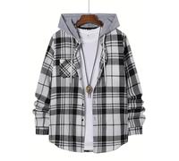 Trend Men's Hooded Plaid Shirt Youth Style Casual Daily Outdoor Travel Wear Inside and Match Outside Long-Sleeved(White,XXXL)
