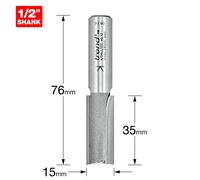 Trend Professionnel Fraise Droite Deux Flûtes, Queue de 1/2 Pouce, Diamètre de Coupe 15mm & Longueur de Coupe 35mm, Plaqué Carbure de Tungstène, 4/04X1/2TC