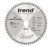 Trend Lame de scie à onglet ATBR sans fil pour bois, diamètre 250 mm, alésage 30 mm, 60 dents, scie de 2,2 mm, crochet +7°, TCT, finition fine, CSB/CC25060T
