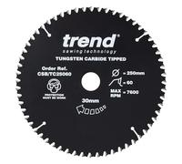 Trend Wood Lame de scie circulaire PTFE, diamètre 250mm, alésage 30mm, 60 dents, TCT, trait de scie 3mm, angle d'attaque +15°, CSB/TC25060
