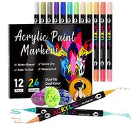 TrendGate 24 Couleurs 12 stylos Feutre Acrylique, Feutre Peinture Acrylique Double Pointe Pinceau, Marqueur Acrylique Pour Papier, Verre, Galet, Métal, Plastique, Bois, Oeuf, Céramique, Textile