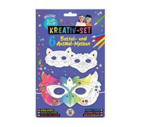 TRENDHAUS 965875 - Kit créatif de Masques et de coloriage, 6 Masques d'animaux Blancs avec 85 Autocollants Diamants, 5 Crayons de Couleur et Bande élastique