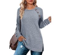 TrendiMax Pull d'automne pour femme - Pull en tricot léger - Col rond - Manches longues - Fente latérale - Pull fin avec boutons - Sweat-shirt à manches longues - Haut décontracté - Tunique