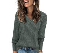 TrendiMax Pull en tricot à manches longues pour femme - Col en V - Pull d'automne léger - Haut décontracté élégant - Ajustement ample - Tunique - Tops, vert foncé, M