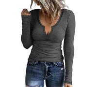 TrendiMax T-Shirt à Manches Longues et col en V côtelé pour Femme Y2k Fitting Basic Top Slim Fit T-Shirts, Gris foncé, S