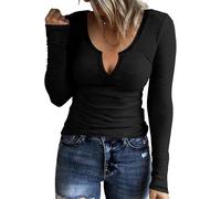 TrendiMax T-Shirt à Manches Longues et col en V côtelé pour Femme Y2k Fitting Basic Top Slim Fit T-Shirts, Noir, S