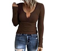 TrendiMax T-Shirt à Manches Longues et col en V côtelé pour Femme Y2k Fitting Basic Top Slim Fit T-Shirts, Marron foncé, XL
