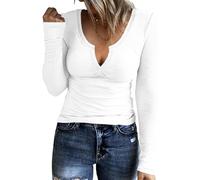 TrendiMax T-Shirt à Manches Longues et col en V côtelé pour Femme Y2k Fitting Basic Top Slim Fit T-Shirts, Blanc, XL