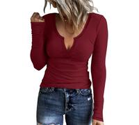 TrendiMax T-Shirt à Manches Longues et col en V côtelé pour Femme Y2k Fitting Basic Top Slim Fit T-Shirts, Bordeaux, XL