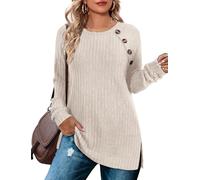TrendiMax T-shirt à manches longues pour femme - Pull en tricot léger avec détails à boutons - Col rond - Décontracté - Élégant - Sweat-shirt à manches longues - Pour l'automne, Abricot, M