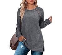 TrendiMax T-shirt à manches longues pour femme - Pull en tricot léger avec détails à boutons - Col rond - Oberteile décontractés élégants - Sweat-shirt automne - Tops à manches longues, gris foncé, L