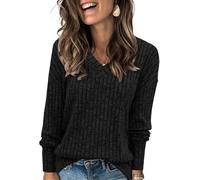 TrendiMax T-shirt à manches longues pour femme - Pull en tricot léger - Col en V - Décontracté - Élégant - Coupe ample - Tunique, Noir , M