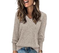 TrendiMax T-shirt à manches longues pour femme - Pull en tricot léger - Col en V - Décontracté - Élégant - Coupe ample - Tunique, kaki, M