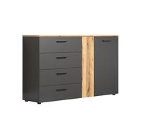 trendteam smart living - Esteban - Commode - Anthracite/chêne Evoke - Meuble de Salon avec 4 tiroirs entièrement Extensibles - (l x H x P) 139 x 86 x 38 cm - Aspect rainuré