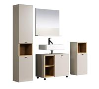 trendteam smart living - Sao Paulo - Ensemble de Meubles de Salle de Bain - Cachemire (Beige) / chêne Evoke - Armoire Haute, roulettes de Meuble sous Vasque, Miroir Mural, Armoire de Salle de Bain