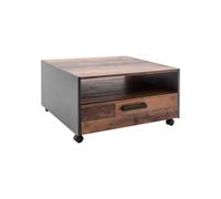 Table basse carré - Panneaux de particules - Décor bois vieilli et gris - Double plateau -1 Tiroir - L70 x P70 x H40 cm