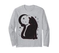 Trendy Apparel Minimalistic Black Cat Crescent Moon and Star Manche Longue