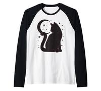 Trendy Apparel Minimalistic Black Cat Crescent Moon and Star Manche Raglan