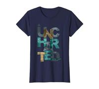 Trendy Uncharted Text Overlay T-Shirt, Femme, Bleu Marine, M