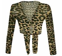 TrendyFashion Boléro à manches longues pour femme uni à nouer sur le devant, Motif léopard Marron, 52-54