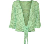 TrendyFashion Boléro extensible à manches courtes 3/4 pour femme - Dentelle florale - À nouer sur le devant - Grande taille - Vert - 48