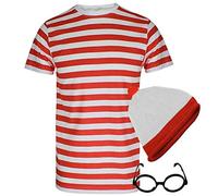 TrendyFashion Déguisement pour homme et garçon à rayures rouges et blanches, T-shirt rouge et blanc + chapeau + lunettes, L
