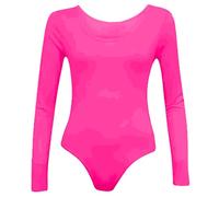 TrendyFashion Justaucorps extensible à manches longues pour femme avec col rond, rose fluorescent, 46-48