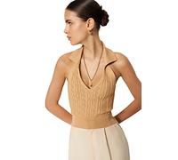 Trendyol Chemisier Basique en Tricot à col Polo pour Femme Coupe Droite, Beige, M