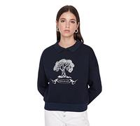 Trendyol Col de Chemise avec Slogan Boyfriend Sweat-Shirt Maillot de survêtement, Bleu Marine, S Femme