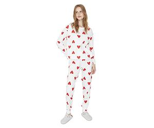 Trendyol Damen Herz Lange Ärmel Lounge/Zuhause Regulär Pyjama-Set Ensemble, White, XL aux Femmes