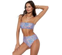 Trendyol Ensemble Bikini en Tricot imprimé Animal pour Femme Maillot de Bain, Bleu-Multicolore, 64