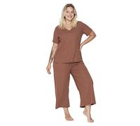 Trendyol Ensemble Pyjama en Tricot uni pour Femme - T-Shirt et Pantalon - Grande Taille, Marron, 5XL Plus