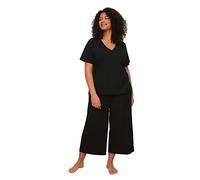 Trendyol Ensemble Pyjama en Tricot uni pour Femme - T-Shirt et Pantalon - Grande Taille, Noir, 4XL Grande Taille