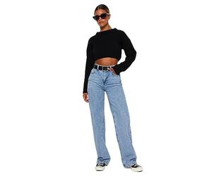 TRENDYOL Jean Droit pour Femme, Coupe Large, Taille Haute, Bleu Clair, 36