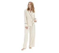 Trendyol Plain Belted Detailed Thin Woven Shirt-Trousers Pajama Set Ensemble de Pijama, Beige, 40 Femme